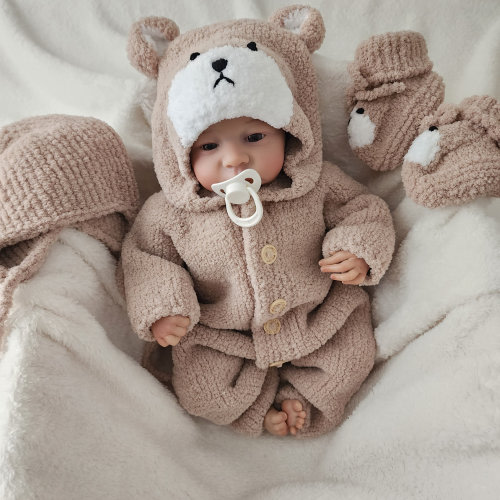 Bear Brown Baby Romper, Knit Newborn Outfit with Beanie, Animal Toddler Clothing Set with Booties.
