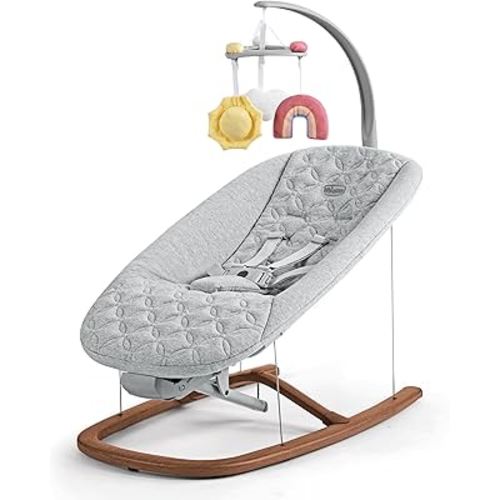 Chicco Float Baby Bouncer Seat, Quilted Organic Cotton Seat Pad, Included Toy bar with Plush Toys | Cloud/Grey