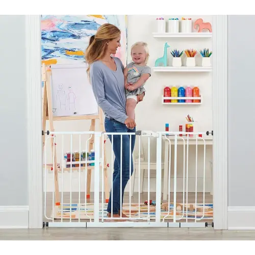 Regalo 56-Inch Extra WideSpan Walk Through Baby Gate, Includes 4-Inch, 8-Inch and 12-Inch Extension, 8 Piece Set - 4 Pack of Pressure Mounts and 4 Pack of Wall Cups and Mounting Kit, White