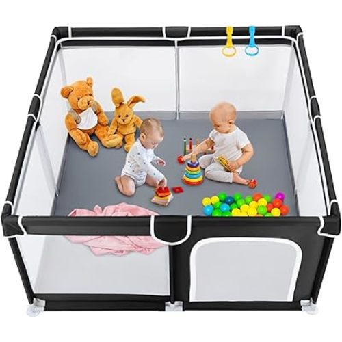 TODALE Baby Playpen for Toddler, Large Baby Playard, Indoor & Outdoor Kids Activity Center with Anti-Slip Base, Sturdy Safety Play Yard with Soft Breathable Mesh, Playpen for Babies(Black,50”×50”)