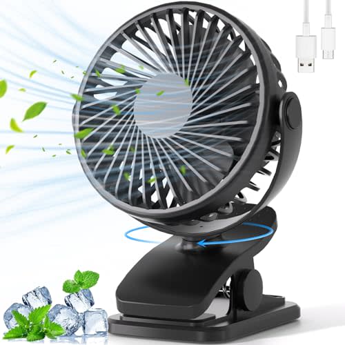 Portable Clip on Fan, 360° Rotate Battery Operated Stroller Fan, 3 Speed Quiet Mini Personal Desk Fan, USB Rechargeable Clooing Fan for Outdoor Camping Golf Cart Stroller Home Office Black