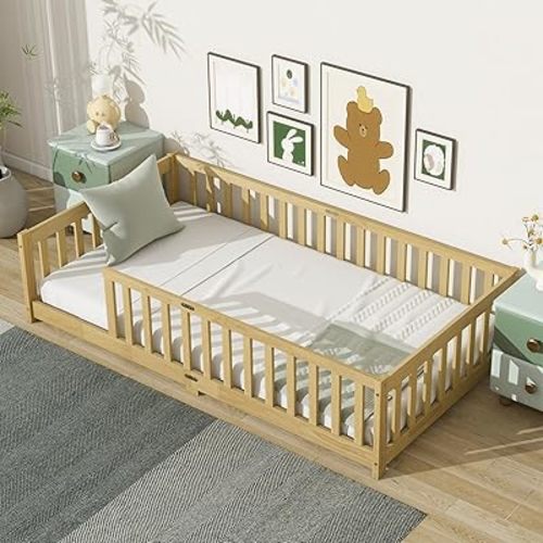 Twin Floor Bed with Safety Guardrails for Kids, Rubber Wood Montessori Beds with Slats, Twin Size Bed Frame for Girls and Boys,No Box Spring Needed,Natural