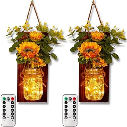 OurWarm Sunflower Mason Jar Sconces Wall Decor Set of 2 Rustic Handmade Hanging Jars with LED Fairy Lights for Home Kitchen Living Room Farmhouse Decorations
