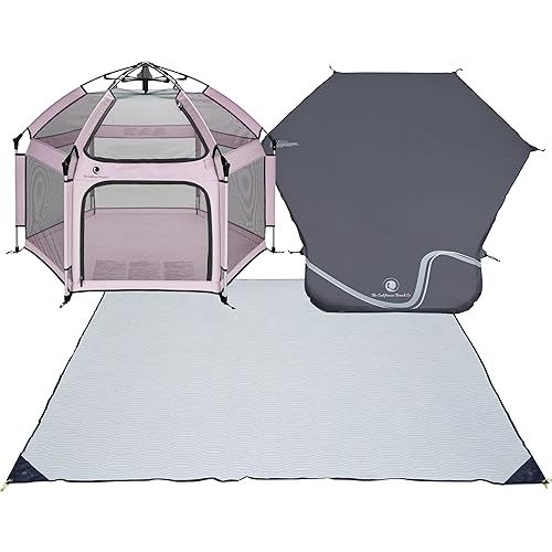POP 'N GO Premium Outdoor Baby Playpen with Self-Inflating Playmat (Soft Pink) and Picnic Blanket (Whimsical Waves)