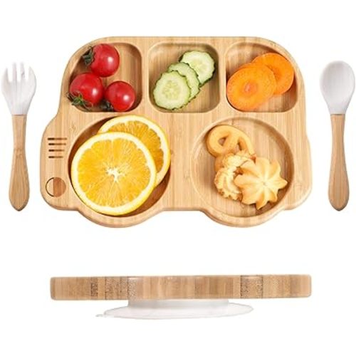Suction Plates for Baby & Toddler, Bamboo Divided Platter Feeding Dishes with Silicone Fork& Spoon, All-Natural Baby Food Plate Stays for Baby-Led Weaning, Non-Slip Design