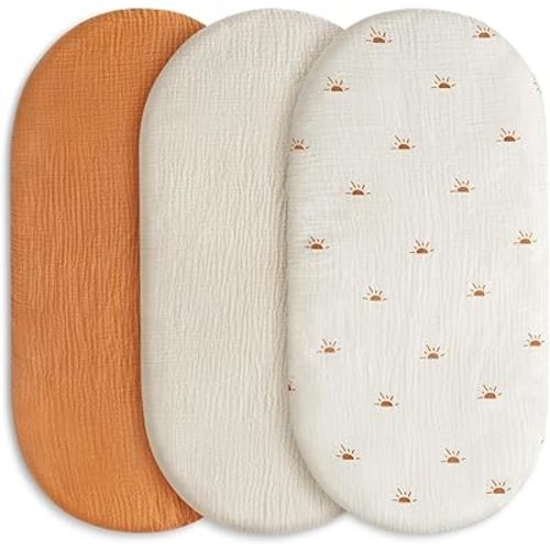 3-Pack Breathable Muslin Bassinet Sheets - Fitted Soft Mattress Cover for Baby Boys, Girls & Neutral Crib, Elastic Bedside Bassinet Sheets as Rectangle Oval Hourglass Shape Protector