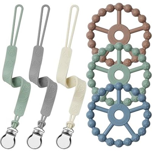 Silicone Ring Teether and Pacifier Clip, Seposeve Pack of 3 Baby Pacifier Teether Clip for Babies 0-6 Months, Teething Ring Toys, Keeps Teethers Clean, 6-12 12-24 Months