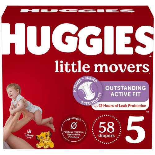 Huggies Size 5 Little Movers Baby Diapers, 58 Ct, Leak-Free, Soft & Comfortable, with DryTouch Liner