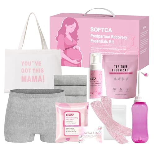 Postpartum Essentials Kit - Peri Bottle,Perineal Ice Packs,Perineal Healing Foam,Disposable Underwears,Cooling Pad Liners,Bath Salts,Canvas Bag,Card,Postpartum Gifts for Mom