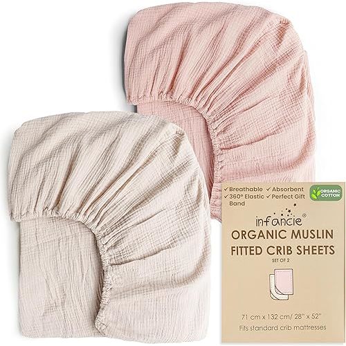 Organic Cotton Muslin Crib Sheets (Set of 2) – Soft & Breathable Fitted Sheets for Boys and Girls, Neutral Colors – Fits Standard Baby Crib Mattress (71 x 132 CM) (Peach/Ivory)