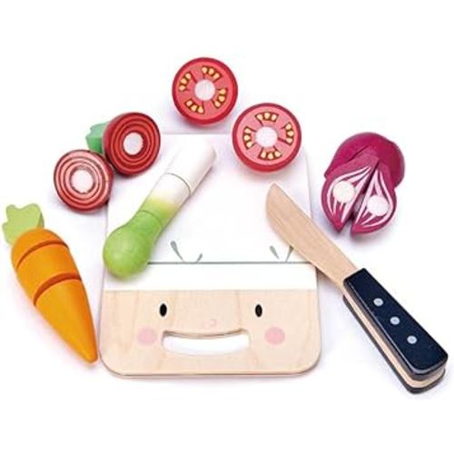 Tender Leaf Toys - Mini Chef Chopping Board - 16 Pcs Wooden Cutting Vegetable Toys with Knife - Accessories for Play Kitchen with Drawstring Bag - Develops Fine Motor Skills for Kids - Age 3+