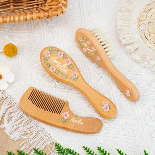 Custom Engraved Baby Hairbrush Set, Personalized Wooden Hair Combs in Gift Pouch, Ideal Gift for Newborns, New Baby & New Moms Gifts