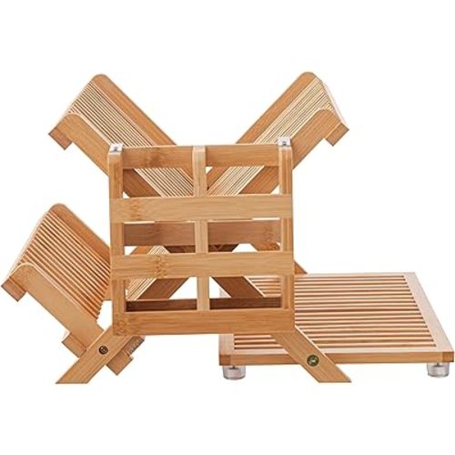 HBlife Bamboo Dish Drying Rack with Utensil Holder, 3-Tier Large Collapsible Wooden Dish Drainer Rack, Folding Drying Holder Dish Drainer for Kitchen Counter