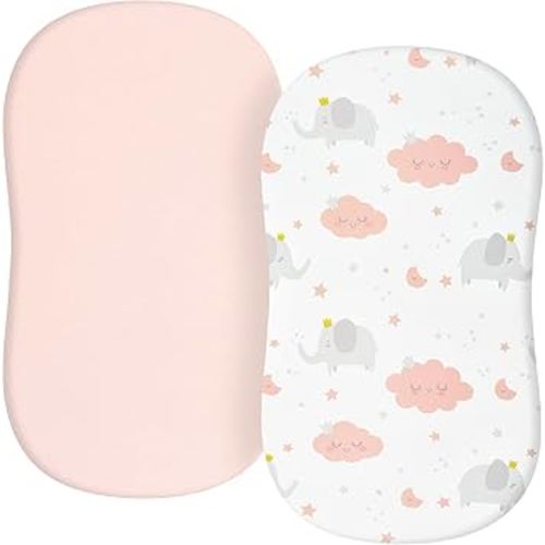 TILLYOU Baby Bassinet Sheets for Girls Boys, Fit for Hourglass Oval Rectangle Bassinet Mattress Sheets, 33”X16”, 2 Pack Elephant & Cloud Pink