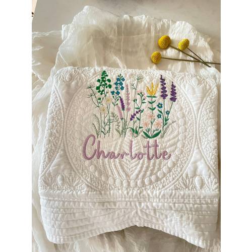 Wildflower Nursery Baby Quilt Blanket Heirloom Embroidered Blanket Blue Flowers Personalized Baby Blanket Baby Shower Gift Pregnant Mom Gift