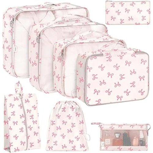 KPX 8 Set Packing Cubes for Travel, Luggage Packing Organizers Accessories Large Toiletries Bag for Clothes Shoes Cosmetics (8Set-Pink Bow)