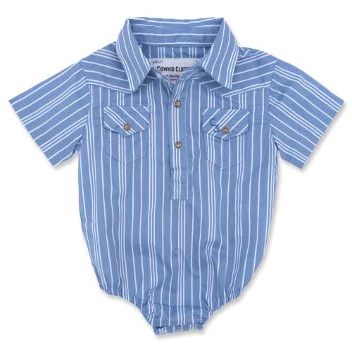Vintage Blue Stripe Short Sleeve Pearl Snap Onesie