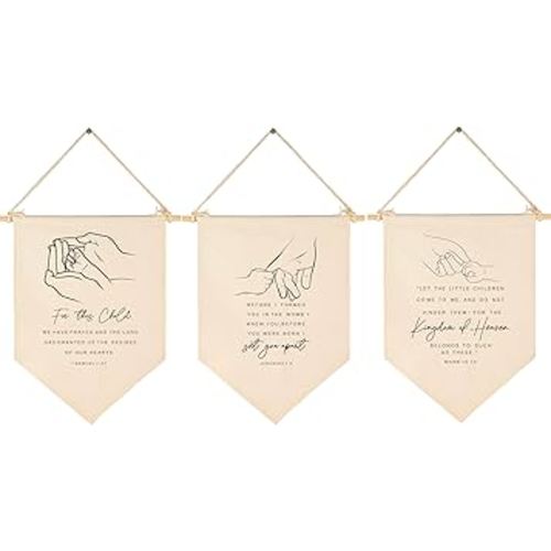 Scripture Flag Sign Gifts for Baby Newborn Boys Girls Kids-Christian Bible Verses Canvas Hanging Banner Wall Decor Gifts for Nursery Baby Room Playroom Front Door-for This Child-Set of 3