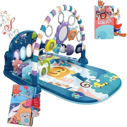 dearlomum Baby Play Mat Baby Gym,Funny Play Piano Tummy Time Baby Activity Mat with 5 Infant Sensory Baby Toys & 2 Baby Book Toys, Boy & Girl Gifts for Newborn 0 to 3 6 9 12 Months(Blue)