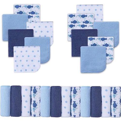 Viviland Baby Washcloths, Super Soft Baby Towels Care for Baby's Sensitive Skin, 24 Pack Kids Body Wash Face Cloth for Baby Boy, Bath Towel for Newborn and Infants, Dark Blue-Whale Pattern 9 x 9 inch