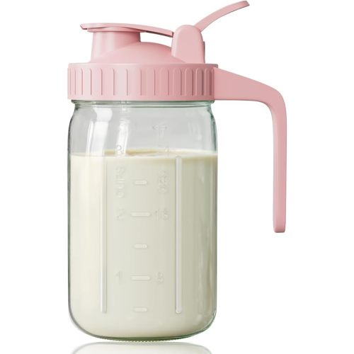 Breast Milk Pitcher, Mason Jar 32 oz, Heavy Duty Wide Mouth Jar with Pink Flip Cap Lid and Pour Spout, Airtight Seal for Freshness and Convenience, Great for Cold Beverages and Home Entertaining