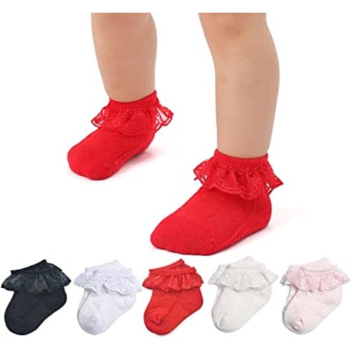 Baby Lace Socks Baby Girl Double/Eyelet Lace Ruffle Frilly Socks for Newborn Infant and toddlers Gift Set