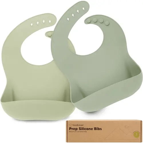 KeaBabies 2-Pack Silicone Baby Bibs for Eating - Sturdy Food-Grade Silicone Bibs for Babies Girl, Boy, Large Food Catcher, Clean & Put On Easily, Waterproof Toddler Feeding Essentials (Sage)