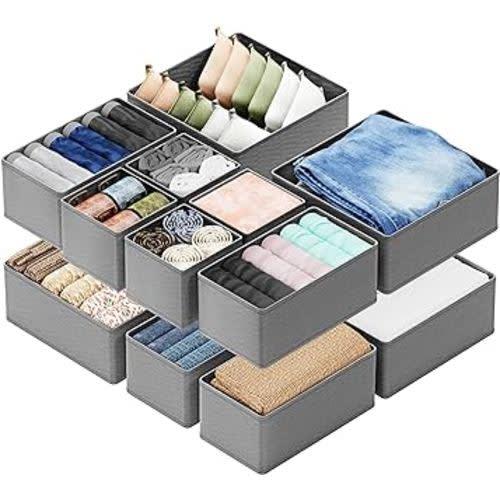 SpaceAid Drawer Organizer for Clothes, 12 Pack Dresser Drawer Organizer Bins, Closet Organizers and Storage Dividers for Clothing, Underwears, Socks (Grey)
