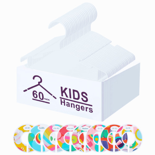 Northern Brothers Baby Hangers 60 Pack, Kids Nursery Closet Organizers with Anti-Slip Dividers, White (1-Tier, Space-Saving)