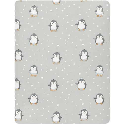 Pfrewn Crib Sheets for Boys Girls Cute Cartoon Penguin Fitted Crib Sheet Fits Standard Crib Mattress Pads Stretch Soft Toddler Baby Sheet, 52x28x9IN