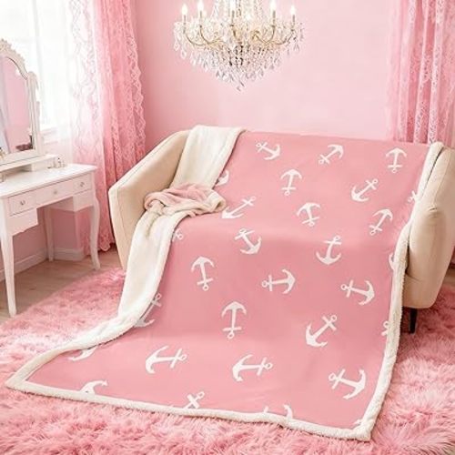 Manfei White Anchor Throw Blanket Ocean Sailboat Pink Bed Blanket for Kids Girls Women Adults Room Decor, Nautical Theme Blanket for Couch Sofa, Soft and Breathable Fleece Blanket(30 x 40 Inches)
