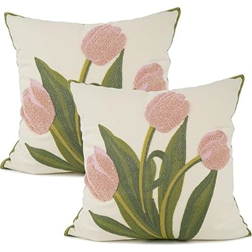 YOUR SMILE Pack of 2 Embroidered Decorative Throw Pillow Cover 18x18 Inch Farmhouse Floral Floor Pillowcase for Couch Living Room Sofa Bed,Pink Tulip