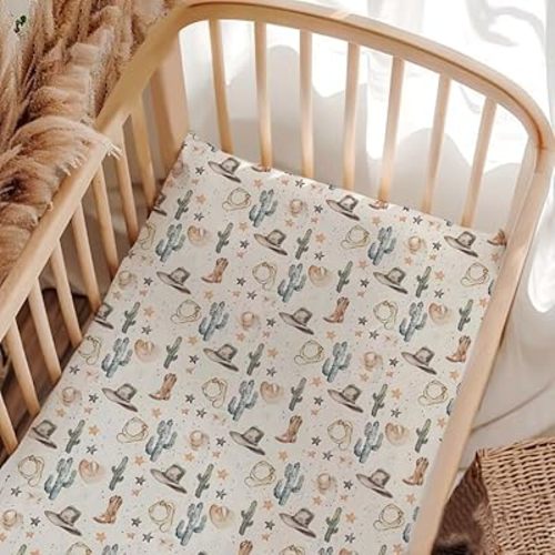 Western Cactus Hats Crib Sheets, Cactus Stars Baby Fitted Crib Sheet for Standard Crib and Toddler Mattress, Unisex Western Cactus Print Nursery Crib Mattress Sheet for Baby Boys Girls-28 * 52