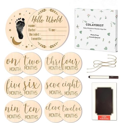 12PCS Baby Announcement Sign and Monthly Baby Milestone Set,Wooden Babys Monthly Milestone Classic Cursive Script, Hello World Newborn Sign with Ink Pad for Babys Photo Props