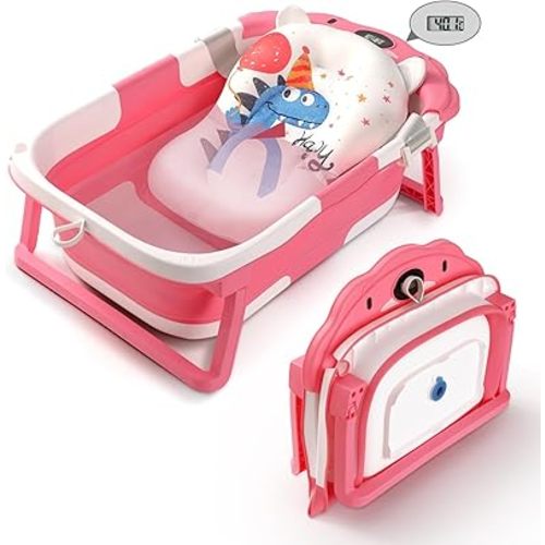 Baby Bathtub,Collapsible Baby Bath Tub with Thermometer & Soft Floating Cushion,Portable Travel Baby Bathtubs for Newborns to Toddlers 0-36 Months(Bear Pink)