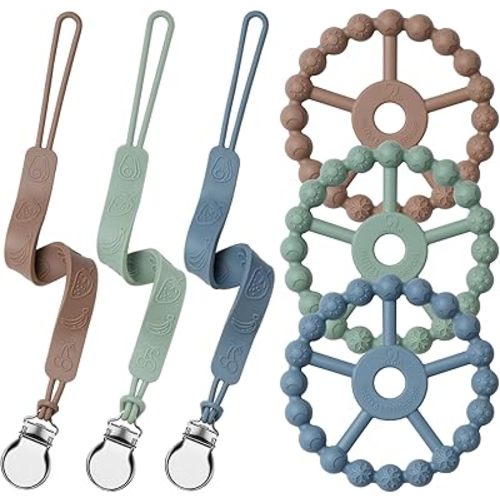 Silicone Ring Teether and Pacifier Clip, Seposeve Pack of 3 Baby Pacifier Teether Clip for Babies 0-6 Months, Teething Ring Toys, Keeps Teethers Clean, 6-12 Months 12-24 Months, Brown Green Blue