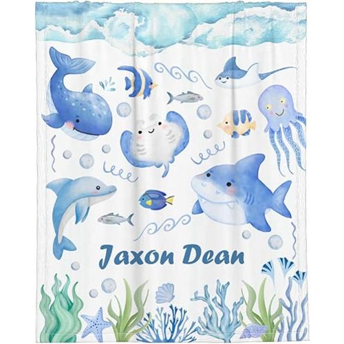 Custom Baby Marine Life Blanket Soft Lightweight Personalized Name Blankets Warm Cozy Plush Throw Blanket for Couch Bed Sofa Personalized Gifts XS 30×40in for Leg/Pet