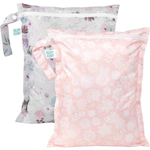 Bumkins Waterproof Wet Bag for Baby, Travel, Swim Suit, Cloth Diapers, Pump Parts, Pool, Gym, Toiletry, Strap to Stroller, Daycare, Zip Reusable Bag, Wetdry Packing Pouch, 2-pk Floral and Lace