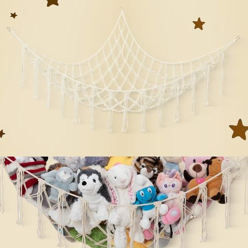 Lilly's Love Stuffed Animal Storage Macrame Hammock, Large - Boho Room Decor Toy Storage - Corner Hanging Plushie Stuffed Animal Net Organizer (White)