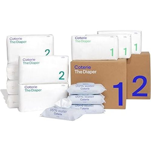 Coterie Baby Diapers + Wipes Baby Kit, Size 1 (99 Count) Size 2 (186 Count) 4 Wipe Packs (224 Wipes) Made with Plant-Based Fibers, Hypoallergenic, Designed for Sensitive Skin, Clean Ingredients