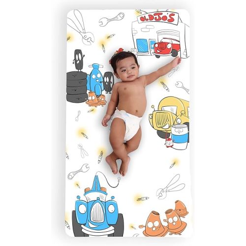 JumpOff Jo - Fitted Crib Sheet, Super Soft 100% Cotton Sheet for Standard Crib Mattresses and Toddler Beds, 28 in. x 52 in., Storytelling Designs - Jo's Garage (White)