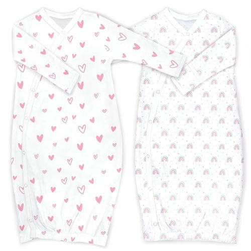 Cambria Baby 100% Organic Kimono Gowns. Side Snaps with Built in Mitts. (Hearts and Rainbows, 0-6 Months)
