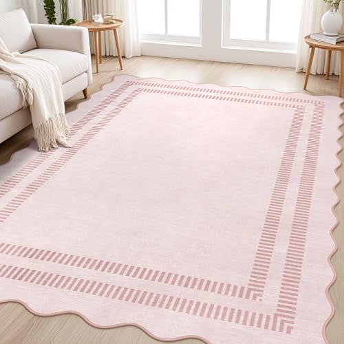 LORWER Pink Rugs for Bedroom Girls, 5x7 Washable Non Slip Area Rugs for Living Room, Soft Vintage Ultra-Thin Scalloped Carpet for Nursery Dorm Home Decor