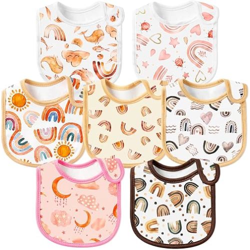 7Pcs Cotton Waterproof Baby Bibs Hook Loop Closure Newborn Babies Bib Keepsake Baby Gift for Drooling Feeding Eating