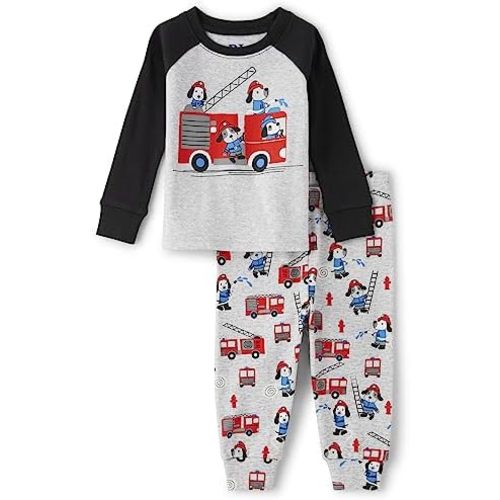 The Children's Place Baby Boys' Fire Dogs Long Sleeve Top and Pants Snug Fit 100% Cotton 2 Piece Pajama Set
