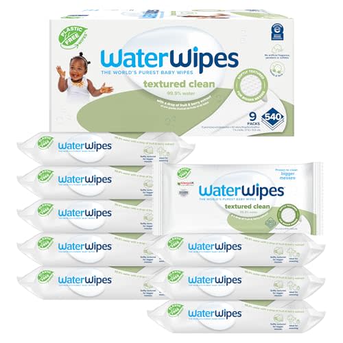 WaterWipes Plastic-Free Textured Clean, Toddler & Baby Wipes, 99.9% Water Based Wipes, Unscented & Hypoallergenic for Sensitive Skin, 540 Count (9 packs), Packaging May Vary