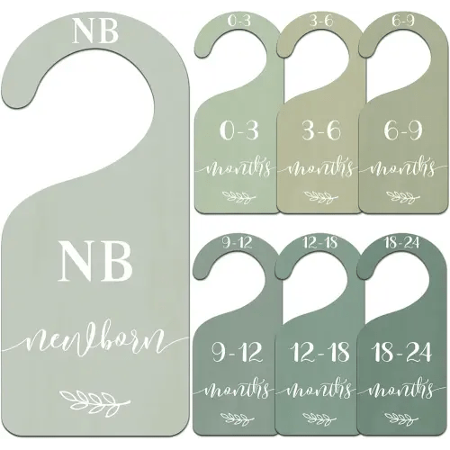 Whaline 7Pcs Green Wooden Baby Closet Size Dividers with Green Velvet Bag Newborn to 24 Month Thicken Infant Wardrobe Hanger Organizers for Home Nursery Party Gift Supplies