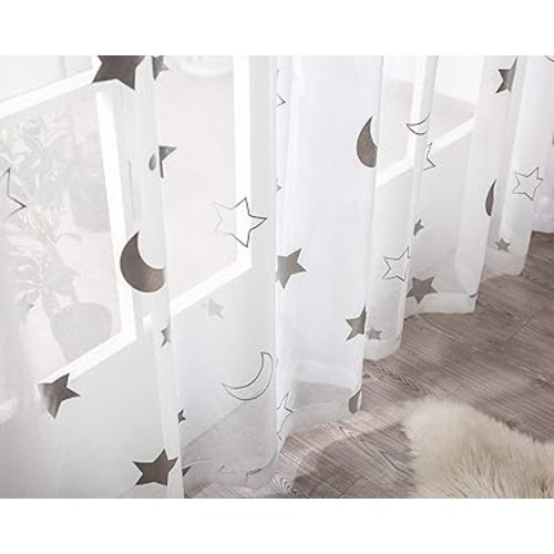 Twinkle Moon Curtains Sheer Silver for Baby Nursey Room - Grommet Star and Moon Lace Curtains for Living Room 84 Inch Length, Set 2 Panels