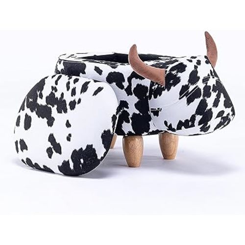 Home 2 Office Cow Ottoman with Storage for Bedroom, Playroom, Nursery or Recreation Room Decor, Soft Animal-Shaped Ottoman with Wooden Legs