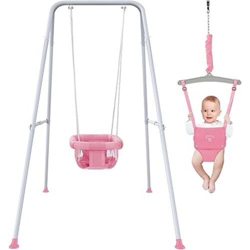 2 in 1 Baby Jumper with Swing - Indoor and Outdoor Use, Toddler Swing with Foldable Stand (Pink)